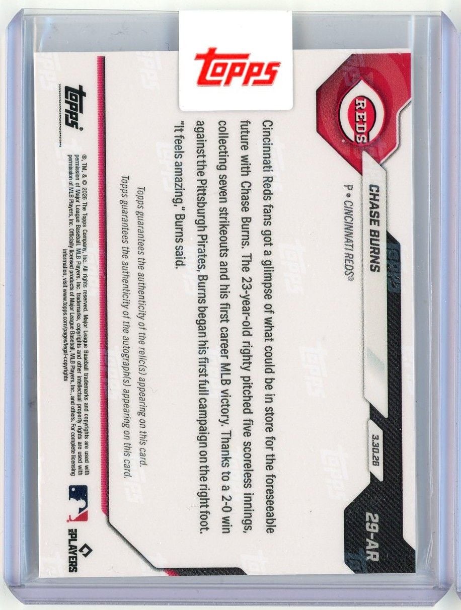 2026 Topps Now Chase Burns #29AR Red Relic Auto /5 Young Fireballer Secures 1st Career MLB Victory Cincinnati Reds Rookie RC Baseball Card