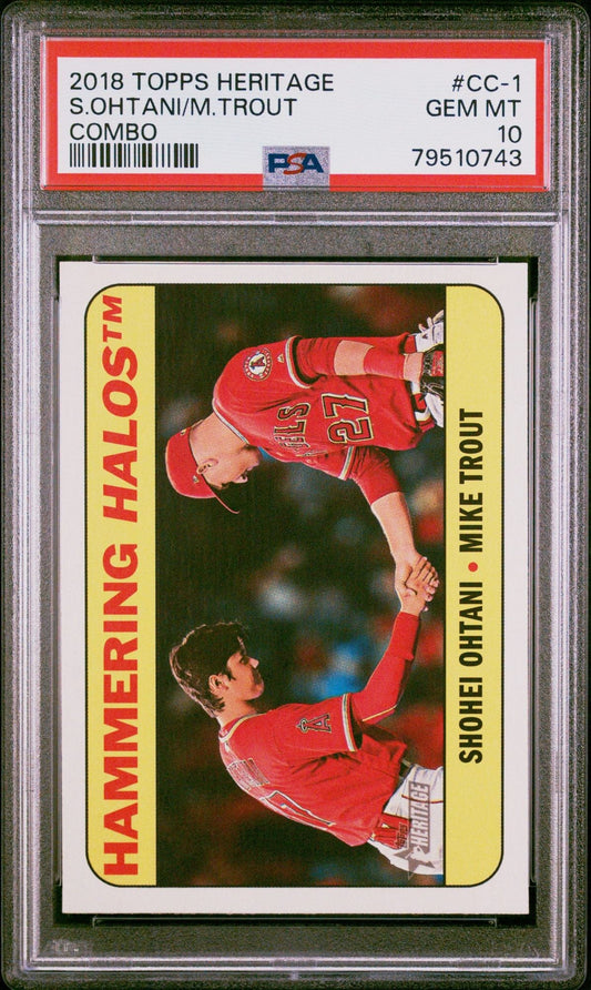 Graded 2018 Topps Heritage Shohei Ohtani & Mike Trout #CC1 Combo Hammering Halos Rookie RC Baseball Card PSA 10 Gem Mint
