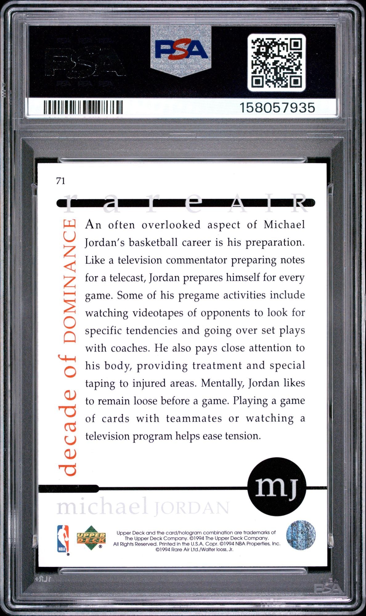 Graded 1994 Upper Deck UD Michael Jordan #71 Rare Air Basketball Card PSA 10 Gem Mint