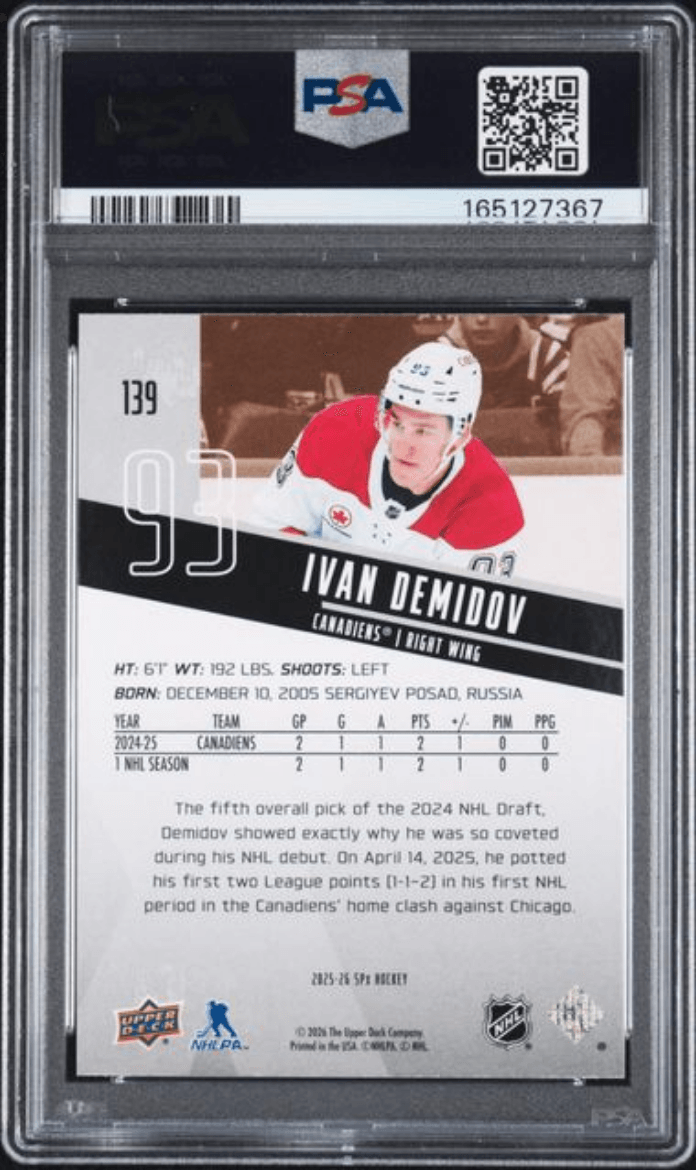 Graded 2025 Upper Deck SPx Ivan Demidov #139 Rookie RC Hockey Card PSA 9