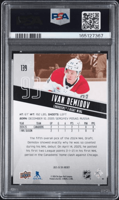 Graded 2025 Upper Deck SPx Ivan Demidov #139 Rookie RC Hockey Card PSA 9