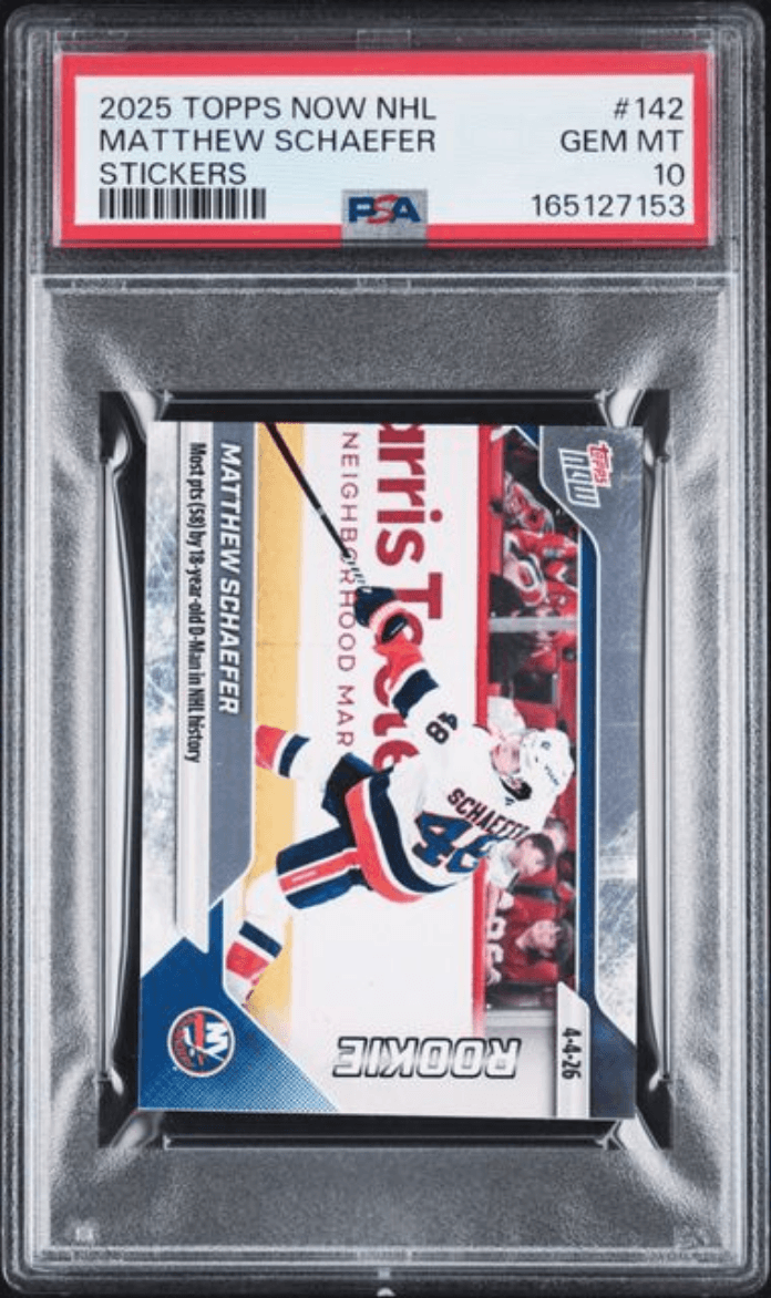 Graded 2025 Topps Now Matthew Schaefer #142 Rookie RC Hockey Card PSA 10 Gem Mint