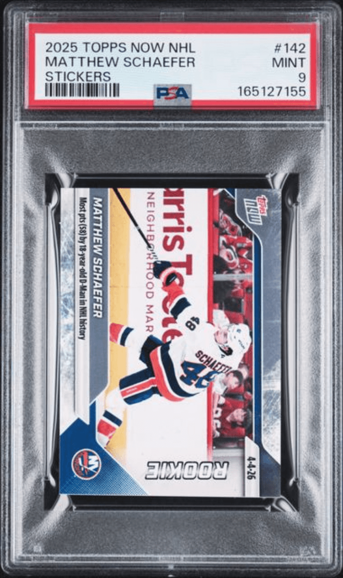 Graded 2025 Topps Now Matthew Schaefer #142 Rookie RC Hockey Card PSA 9 Mint