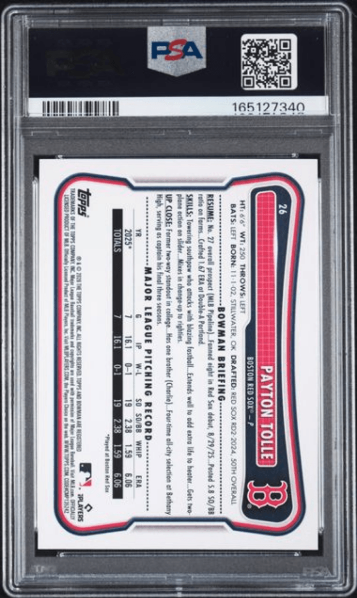 Graded 2026 ToppsB owman Payton Tolle #26 Rookie RC Baseball Card PSA 9 Mint