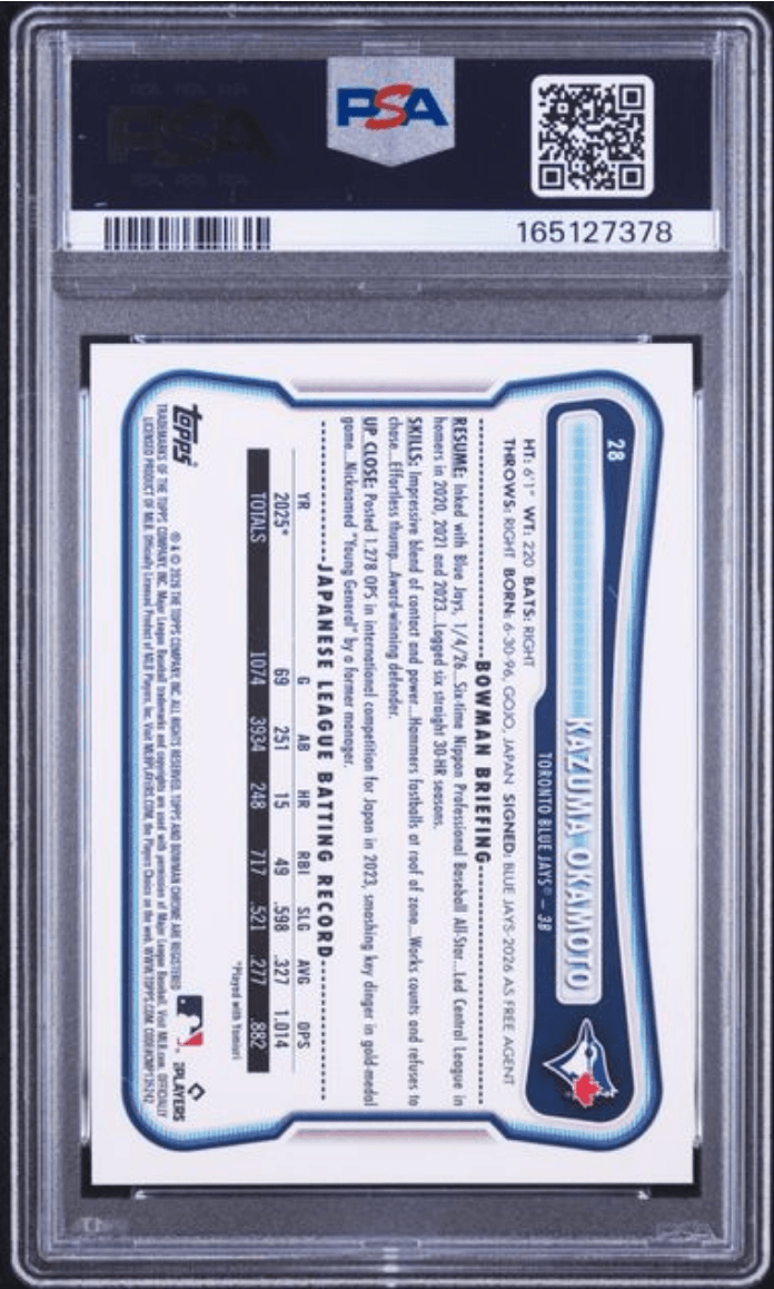 Graded 2026 Topps Bowman Kazuma Okamoto #28 Rookie RC Baseball Card PSA 10 Gem Mint