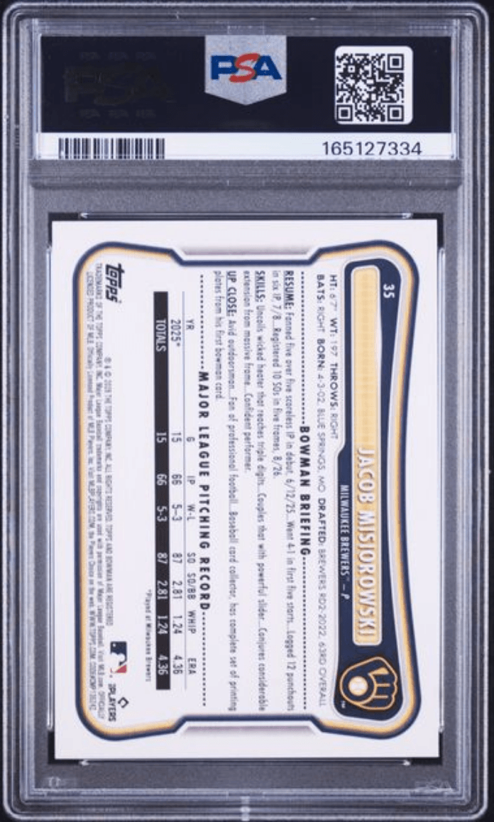 Graded 2026 Topps Bowman Jacob Misiorowski #35 Rookie RC Baseball Card PSA 10 Gem Mint