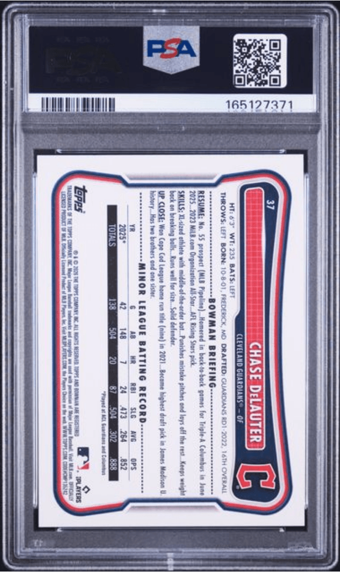 Graded 2026 Topps Bowman Chase DeLauter #37 Rookie RC Baseball Card PSA 9 Mint