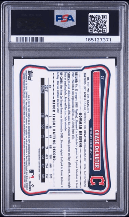 Graded 2026 Topps Bowman Chase DeLauter #37 Rookie RC Baseball Card PSA 9 Mint