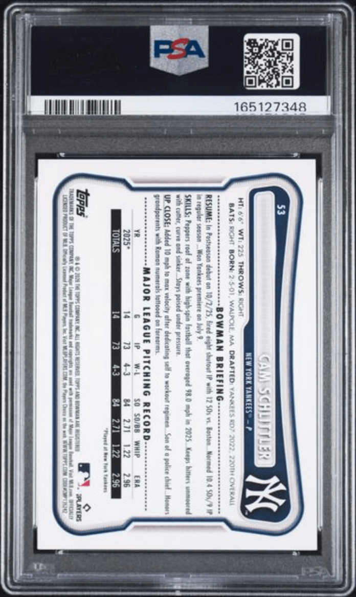 Graded 2026 Topps Bowman Cam Schlittler #53 Rookie RC Baseball Card PSA 10 Gem Mint