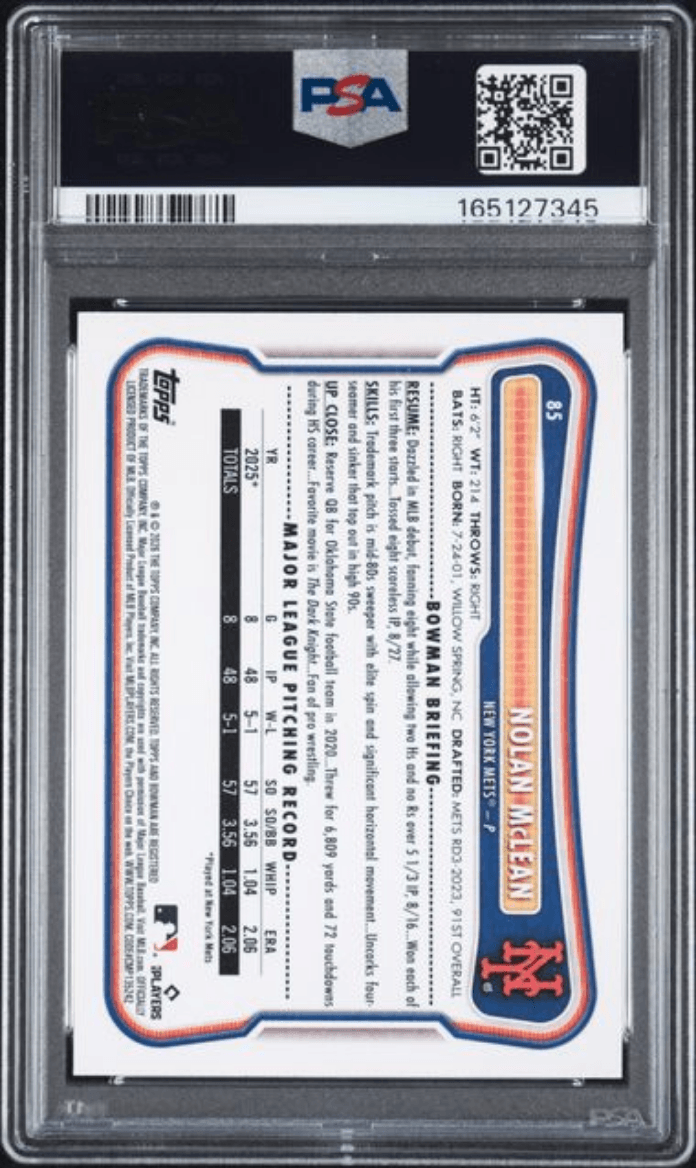 Graded 2026 Topps Bowman Nolan McLean #85 Rookie RC Baseball Card PSA 10 Gem Mint