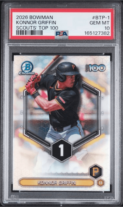 Graded 2026 Topps Bowman Konnor Griffin #BTP1 Scouts Top 100 Rookie RC Baseball Card PSA 10 Gem Mint