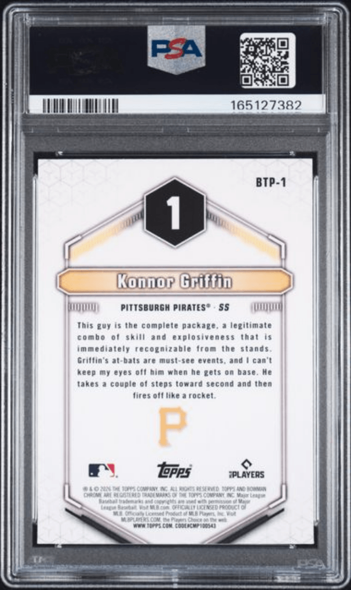 Graded 2026 Topps Bowman Konnor Griffin #BTP1 Scouts Top 100 Rookie RC Baseball Card PSA 10 Gem Mint