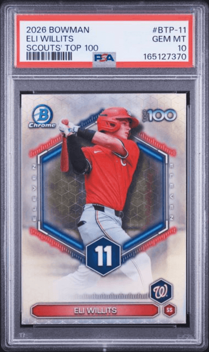 Graded 2026 Topps Bowman Eli Willits #BTP11 Scouts Top 100 Rookie RC Baseball Card PSA 10 Gem Mint