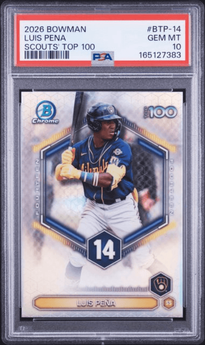 Graded 2026 Topps Bowman Luis Pena #BTP14 Scouts Top 100 Rookie RC Baseball Card PSA 10 Gem Mint