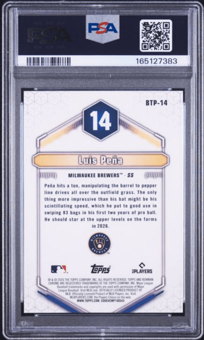 Graded 2026 Topps Bowman Luis Pena #BTP14 Scouts Top 100 Rookie RC Baseball Card PSA 10 Gem Mint
