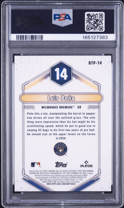 Graded 2026 Topps Bowman Luis Pena #BTP14 Scouts Top 100 Rookie RC Baseball Card PSA 10 Gem Mint