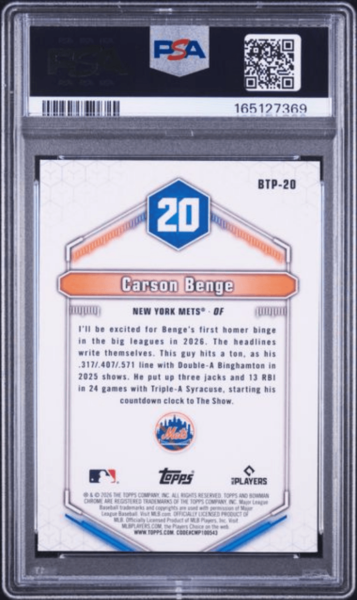 Graded 2026 Topps Bowman Carson Benge #BTP20 Scouts Top 100 Rookie RC Baseball Card PSA 9 Mint