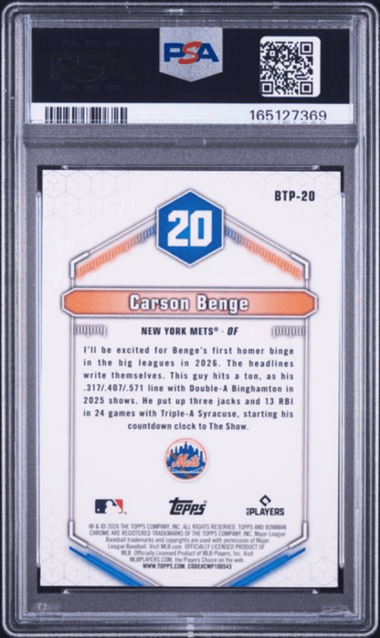 Graded 2026 Topps Bowman Carson Benge #BTP20 Scouts Top 100 Rookie RC Baseball Card PSA 9 Mint