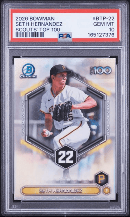 Graded 2026 Topps Bowman Seth Hernandez #BTP22 Scouts Top 100 Rookie RC Baseball Card PSA 10 Gem Mint