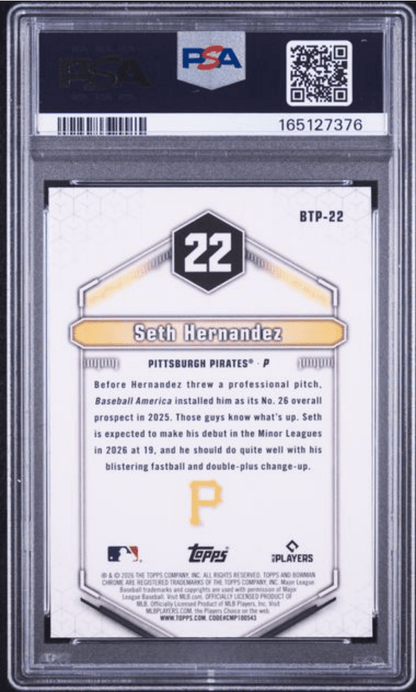 Graded 2026 Topps Bowman Seth Hernandez #BTP22 Scouts Top 100 Rookie RC Baseball Card PSA 10 Gem Mint