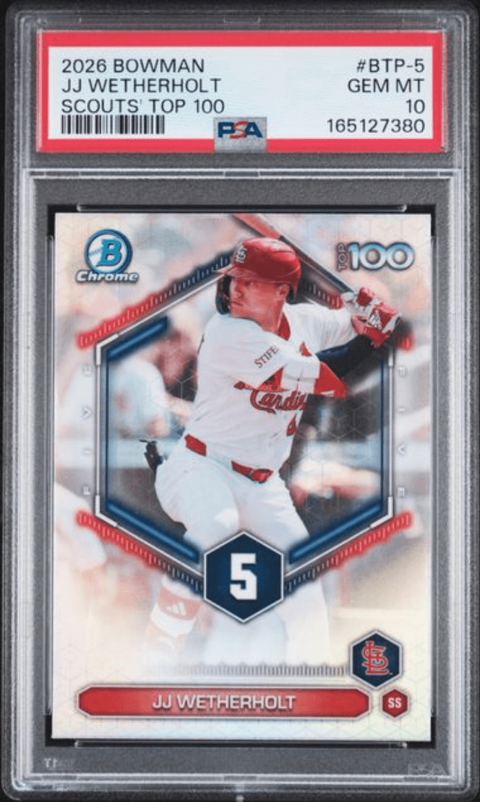 Graded 2026 Topps Bowman JJ Wetherholt #BTP5 Scouts Top 100 Rookie RC Baseball Card PSA 10 Gem Mint