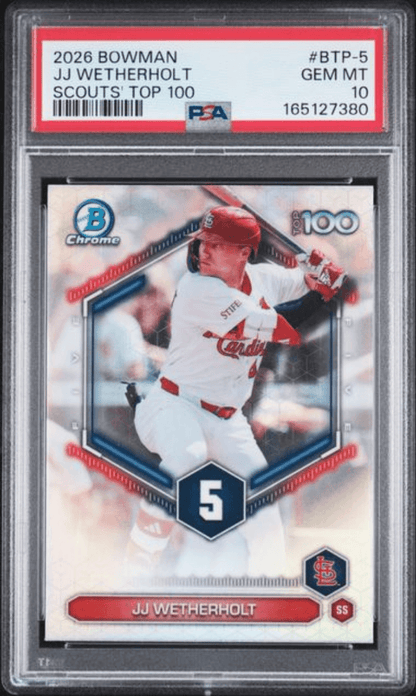 Graded 2026 Topps Bowman JJ Wetherholt #BTP5 Scouts Top 100 Rookie RC Baseball Card PSA 10 Gem Mint