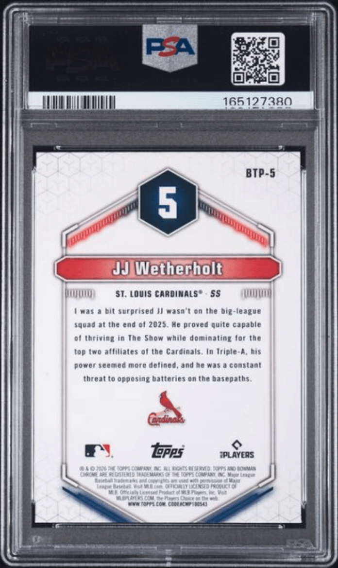 Graded 2026 Topps Bowman JJ Wetherholt #BTP5 Scouts Top 100 Rookie RC Baseball Card PSA 10 Gem Mint