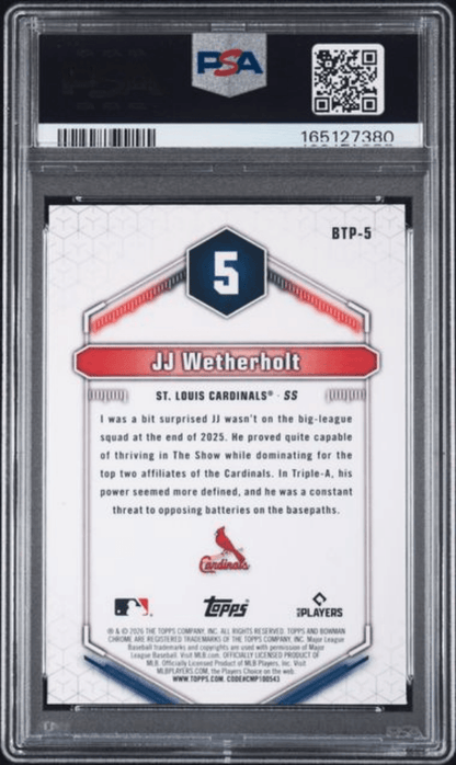 Graded 2026 Topps Bowman JJ Wetherholt #BTP5 Scouts Top 100 Rookie RC Baseball Card PSA 10 Gem Mint