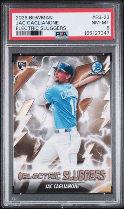 Graded 2026 Topps Bowman Jac Caglianone #ES23 Electric Sluggers Rookie RC Baseball Card PSA 8 Near Mint