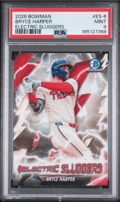 Graded 2026 Topps Bowman Bryce Harper #ES6 Electric Sluggers Baseball Card PSA 9 Mint