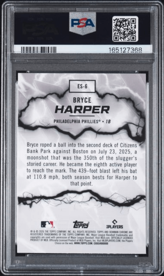 Graded 2026 Topps Bowman Bryce Harper #ES6 Electric Sluggers Baseball Card PSA 9 Mint