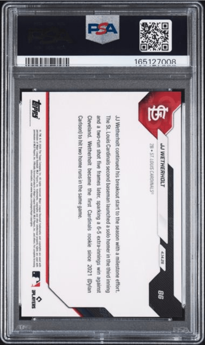 Graded 2026 Topps Now JJ Wetherholt #86 Rookie RC Baseball Card PSA 10 Gem Mint