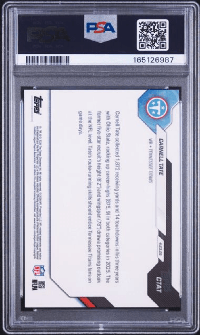 Graded 2026 Topps Now Carnell Tate #CTAT Rookie RC Football Card PSA 9 Mint