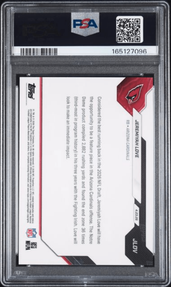 Graded 2026 Topps Now Jeremiyah Love #JLOV Rookie RC Football Card PSA 10 Gem Mint