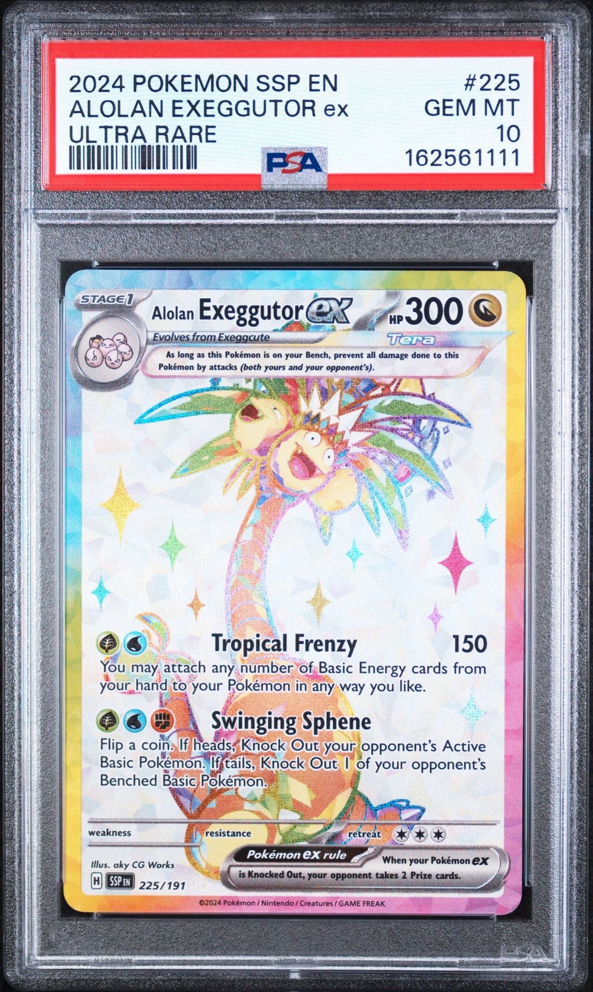 Graded 2024 PKM SSP EN Alolan Exeggutor ex #225 Ultra Rare Trading Card Game PSA 10 Gem Mint