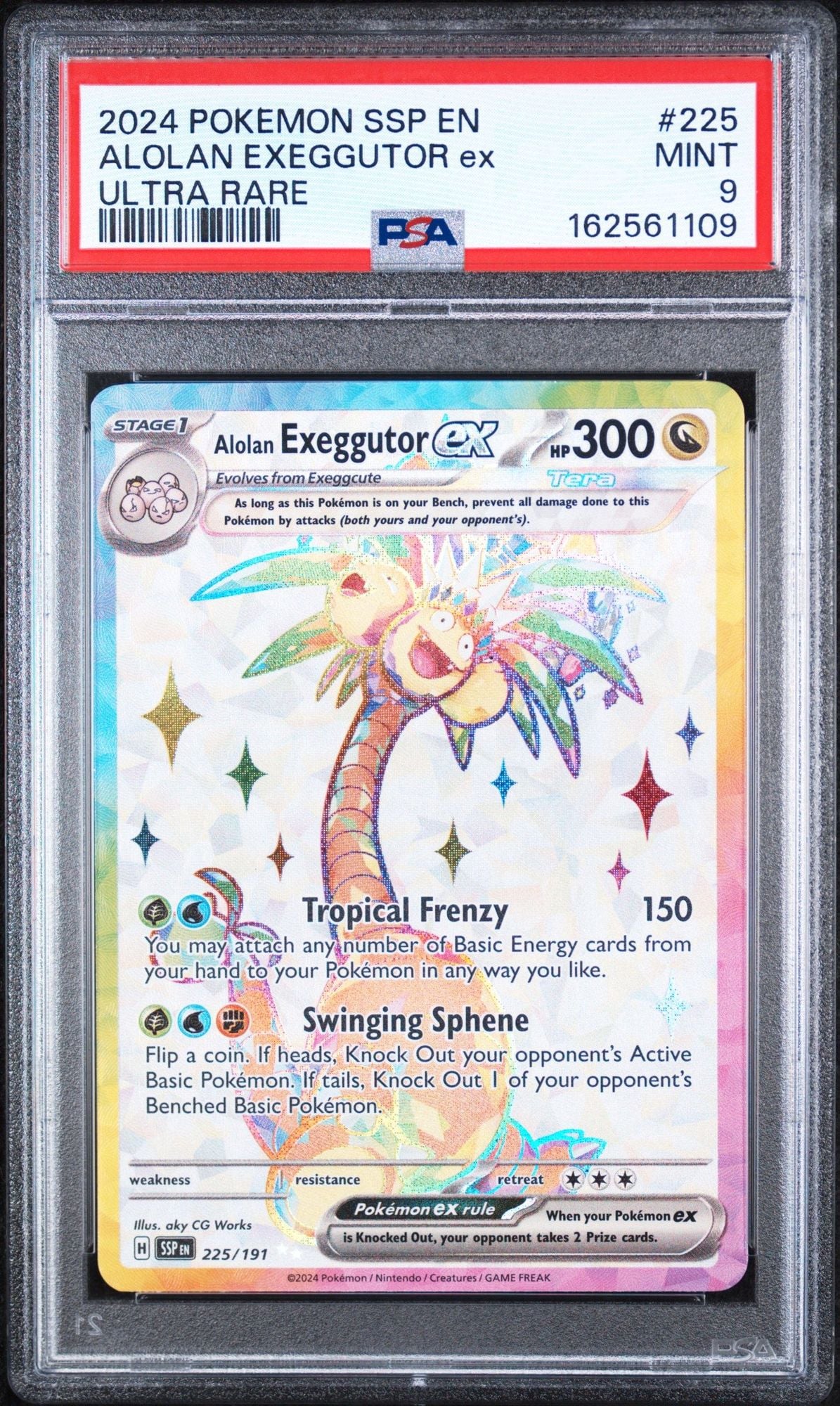 Graded 2024 PKM SSP EN Alolan Exeggutor ex #225 Ultra Rare Trading Card Game PSA 9 Mint