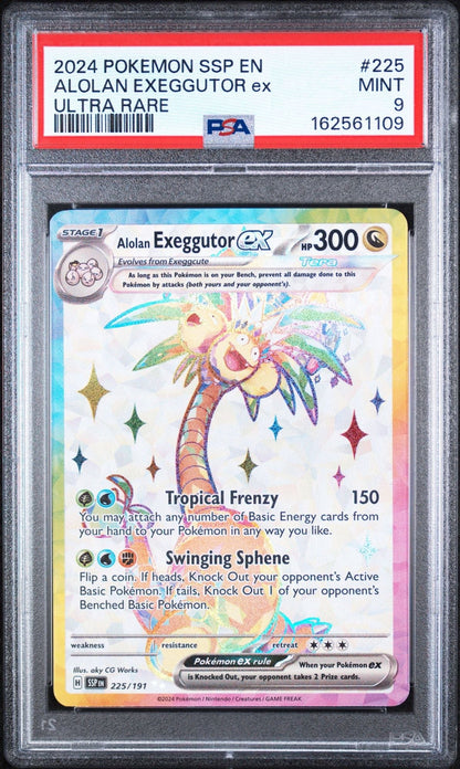 Graded 2024 PKM SSP EN Alolan Exeggutor ex #225 Ultra Rare Trading Card Game PSA 9 Mint