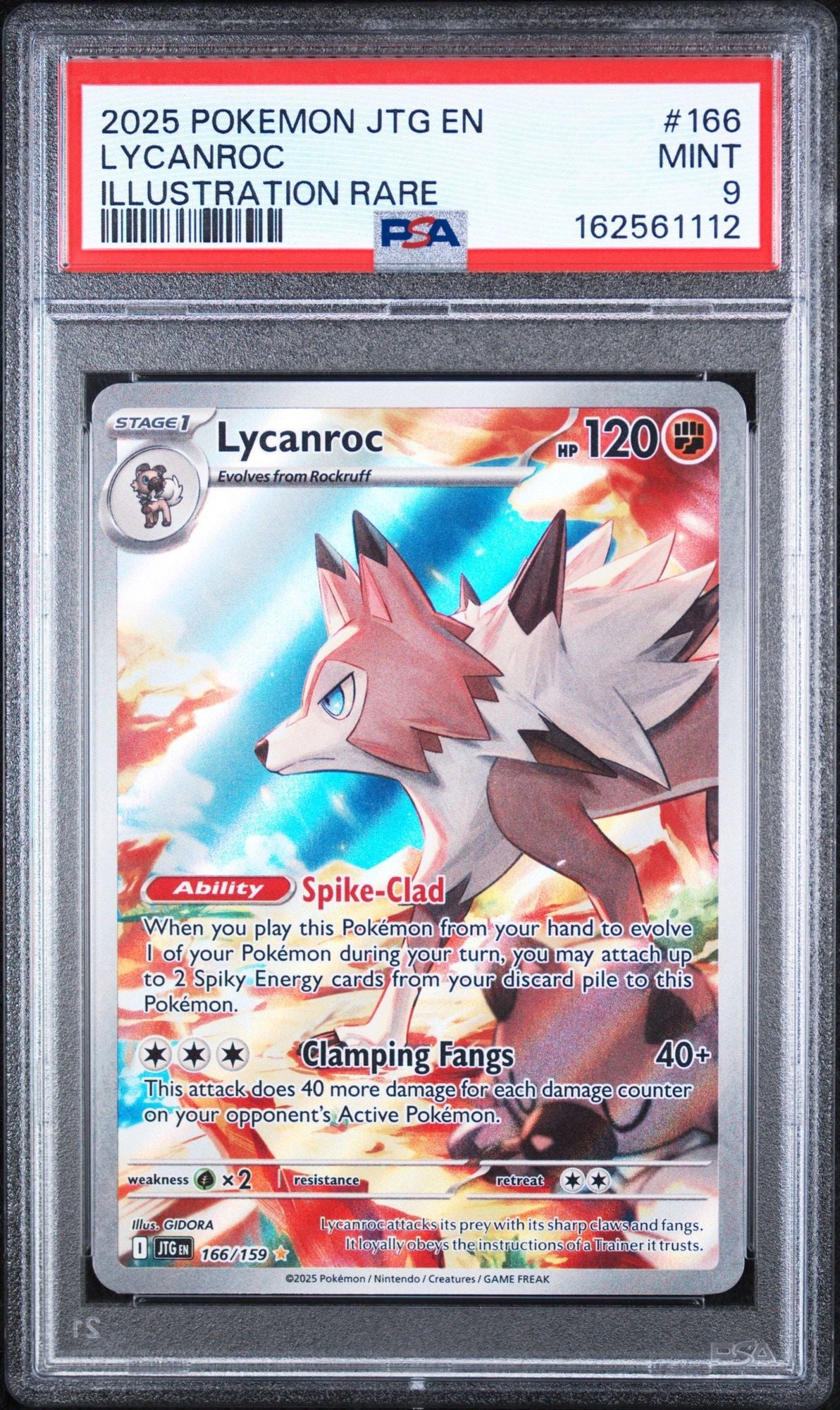 Graded 2025 PKM JTG EN Lycanroc #166 Illustration Rare Trading Card Game PSA 9 Mint
