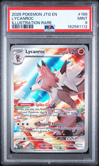 Graded 2025 PKM JTG EN Lycanroc #166 Illustration Rare Trading Card Game PSA 9 Mint