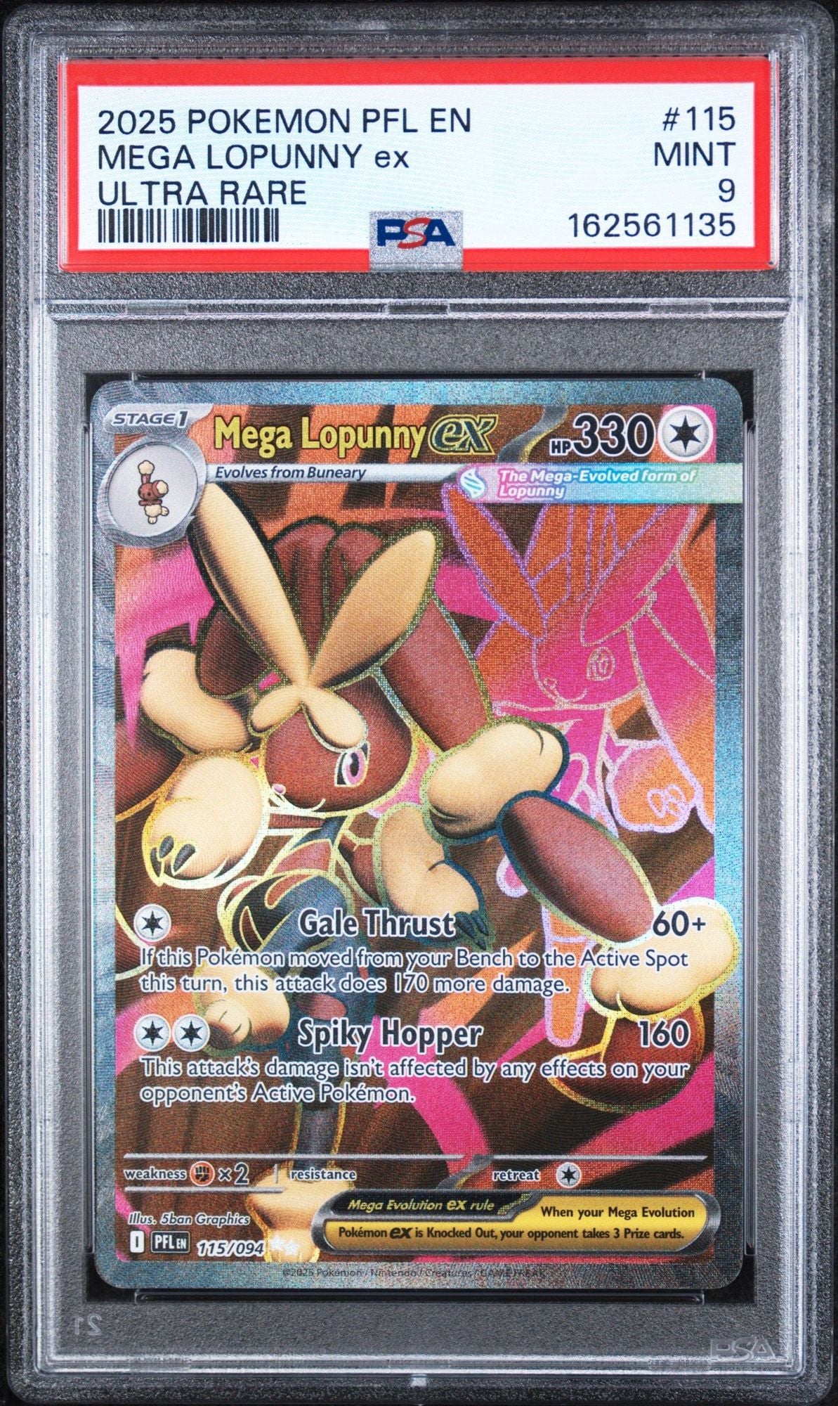 Graded 2025 PKM PFL EN Mega Lopunny ex #115 Ultra Rare Trading Card Game PSA 9 Mint