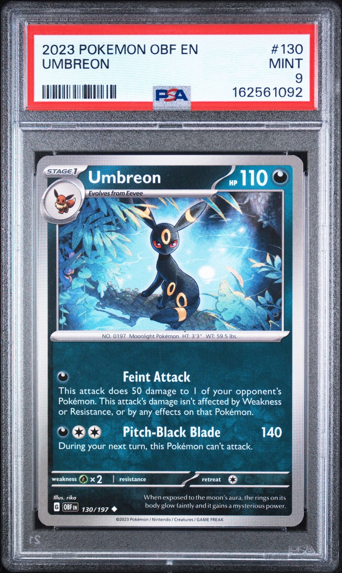 Graded 2023 Pokemon OBF Umbreon #130 Obsidian Flames Trading Card Game PSA 9 Mint
