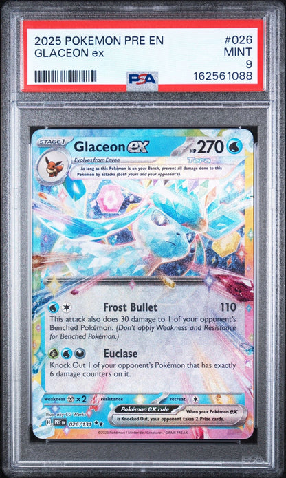 Graded 2025 PKM PRE EN Glaceon ex #026 Surprise Box Exclusive Trading Card Game PSA 9 Mint