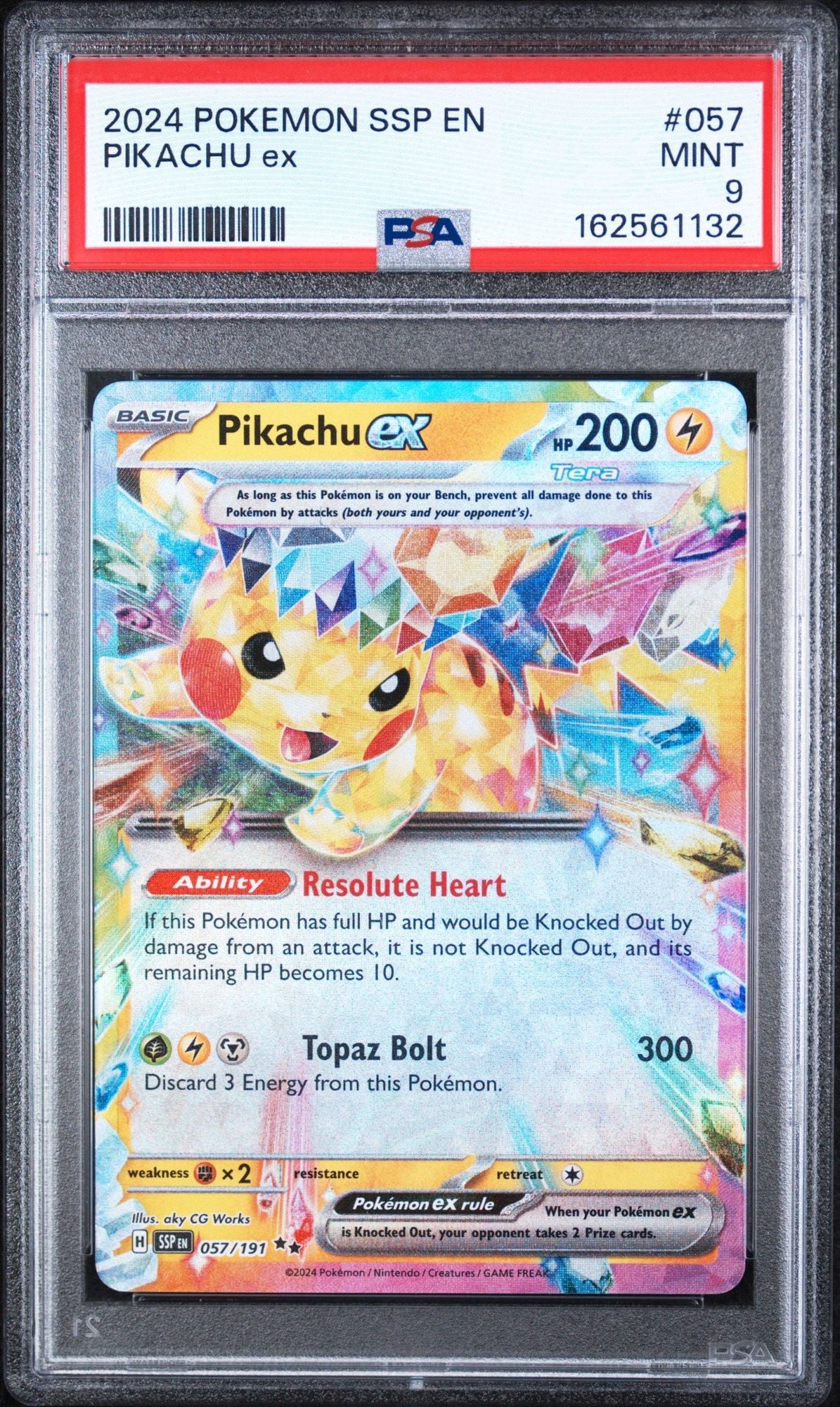 Graded 2024 PKM Ssp En-Surging Sparks #057 Pikachu Ex Trading Card Game PSA 9 Mint