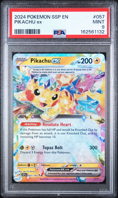 Graded 2024 PKM Ssp En-Surging Sparks #057 Pikachu Ex Trading Card Game PSA 9 Mint