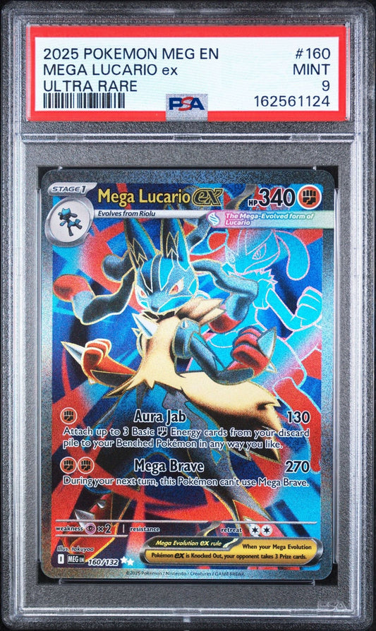 Graded 2025 Pokemon MEG EN Mega Lucario ex #160 Ultra Rare Trading Card Game PSA 9 Mint