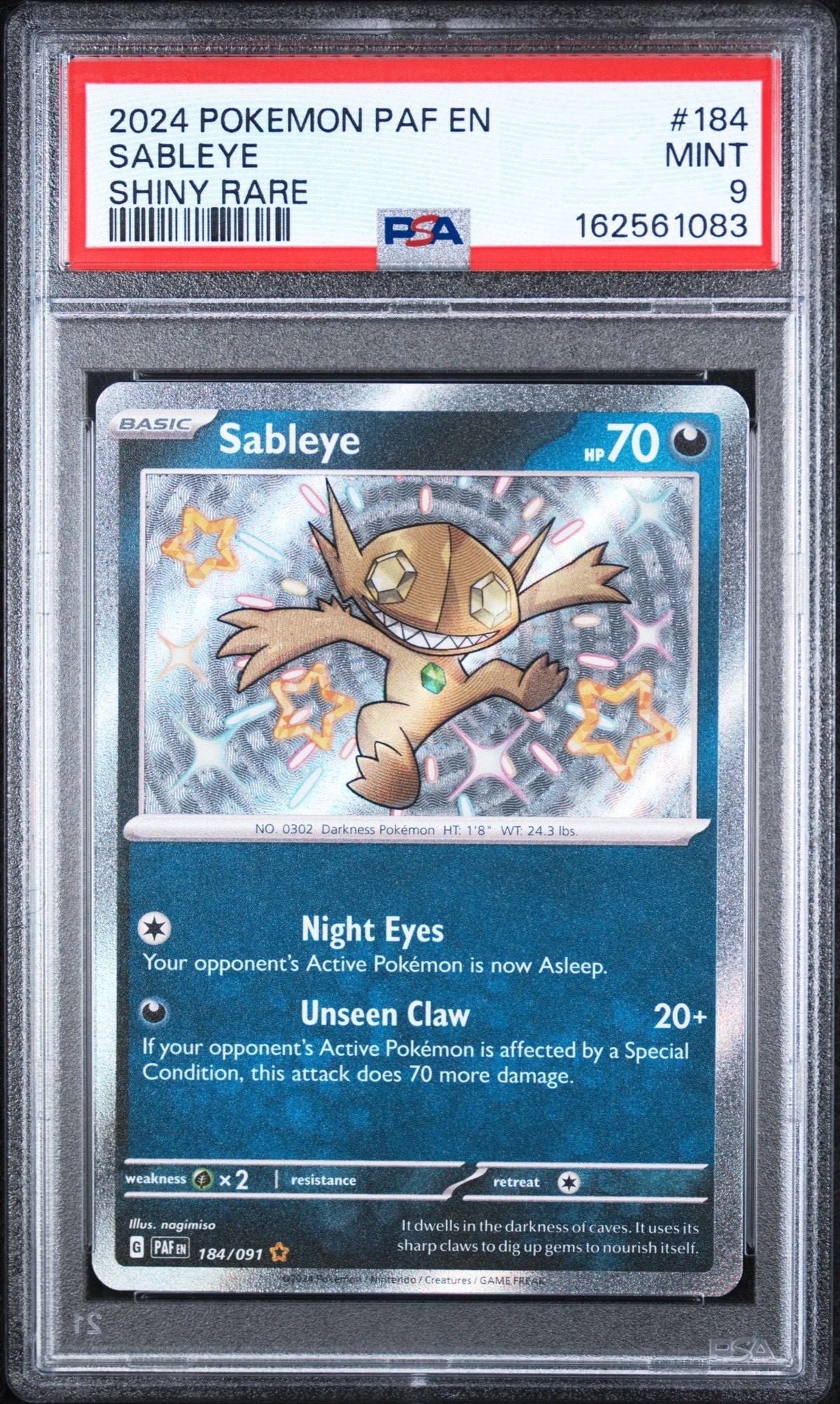Graded 2024 PKM PAF EN Sableye #184 Shiny Rare Trading Card Game PSA 9 Mint