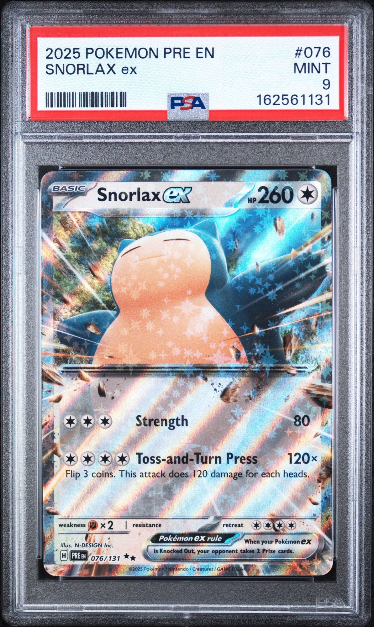 Graded 2025 PKM PRE EN Snorlax ex #076 Trading Card Game PSA 9 Mint