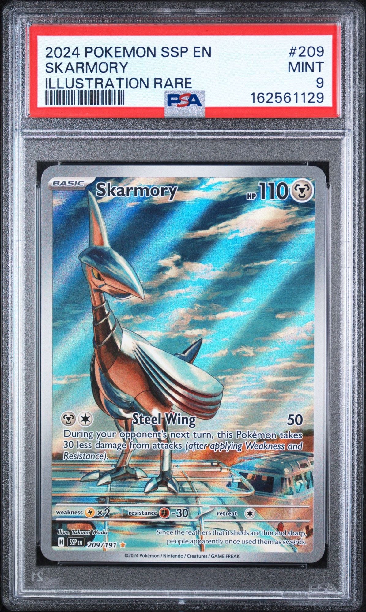 Graded 2024 Pokemon Surging Sparks EN Skarmory #209 Illustration Rare Trading Card Game PSA 9 Mint