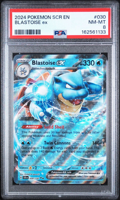 Graded 2024 Pokemon Stellar Crown EN Blastoise ex #030 Trading Card Game PSA 8 Near Mint