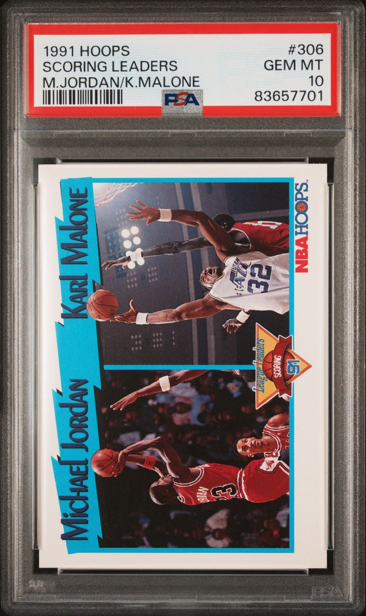 Graded 1991 NBA Hoops Michael Jordan #306 Scoring Leaders Karl Malone Basketball Card PSA 10 Gem Mint